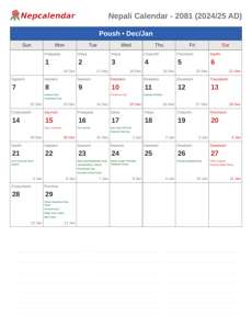 Nepali Calendar 2081 Poush