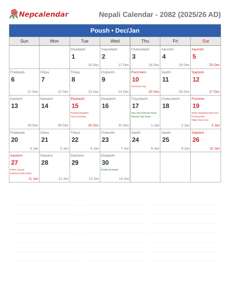 Nepali Calendar 2082 Poush