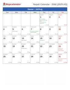 Nepali Calendar 2082 Sawan