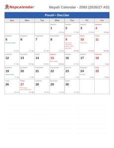 Nepali Calendar 2083 Poush
