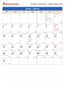 Nepali Calendar 2083 Sawan